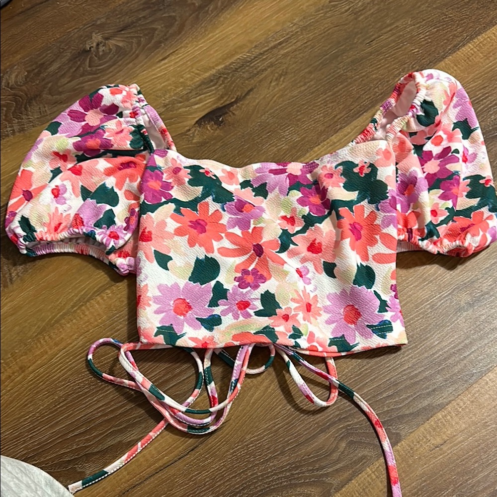 Multicolored Off the Shoulder Puff Sleeve Crop Top